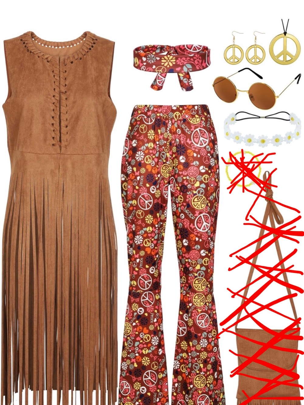 6PC 70s Hippie Costume Set for Women, Fringe Vest Bag Flared Pants Headband